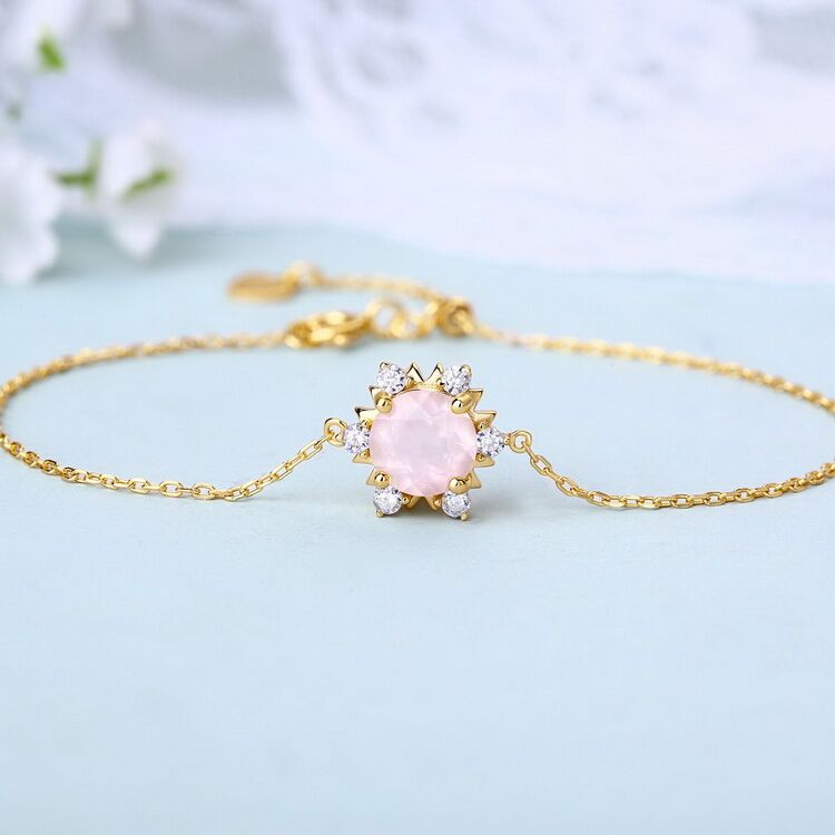 Rose Quartz S925 Sterling Silver Bracelet with Yellow Gold Plating